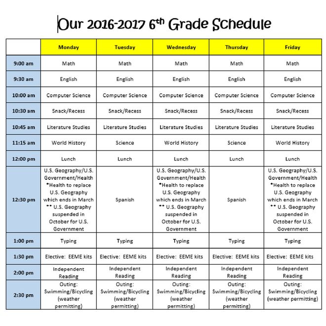 the schedule for our 2013 - 2016 grade schedule, with dates in yellow and blue