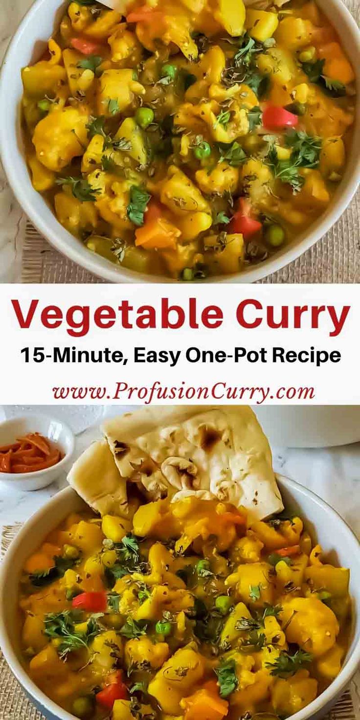 vegetable curry in a white bowl with tortilla chips on the side