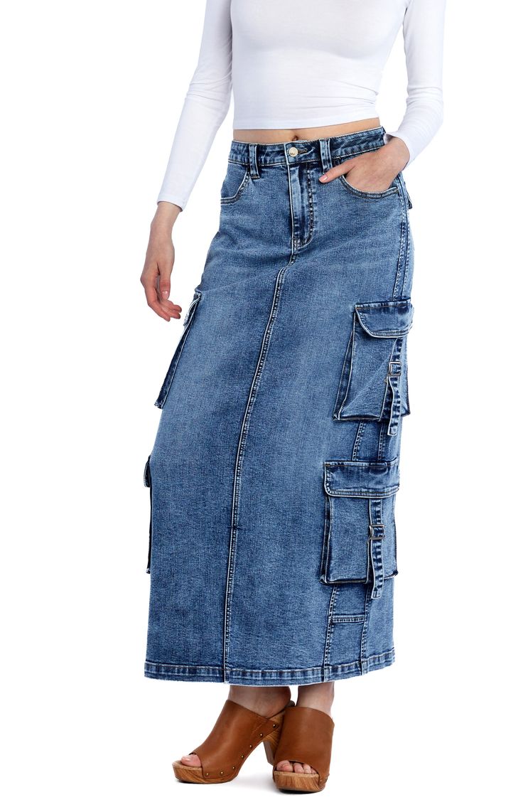 Take a bit of outdoor attitude on your city adventures in this faded-denim maxi with four roomy cargo pockets to stylishly stash your day's essentials. 38" length Zip fly with button closure Front scoop pockets; back snap-flap patch pockets; cargo flap-bellows pockets 95% cotton, 4% polyester, 1% spandex Machine wash, tumble dry Imported Denim Cargo Utility Skirt, Utility Denim Blue Skirt With Pockets, Utility Style Medium Wash Denim Skirt, Denim Cargo Skirt With Utility Style, Trendy Medium Wash Cargo Skirt With Pockets, Utility Style High Rise Denim Skirt, High Rise Denim Blue Utility Skirt, Utility Denim Skirt With Side Pockets, Casual Denim Cargo Skirt In Dark Wash