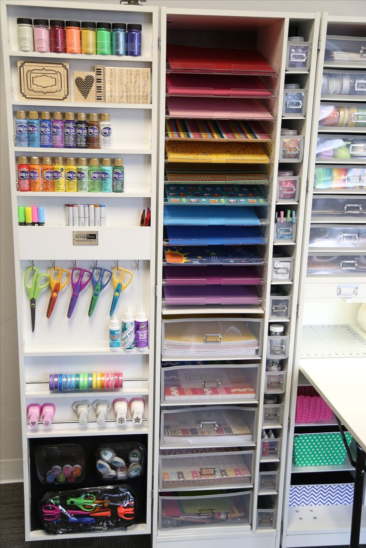 an organized craft closet with lots of crafting supplies on the shelves and in bins