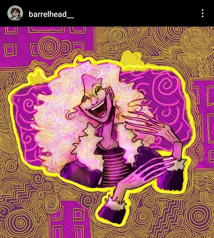 an image of a cartoon character in purple and yellow colors with swirls on the background