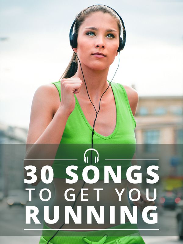 a woman wearing headphones with the words 30 songs to get you running