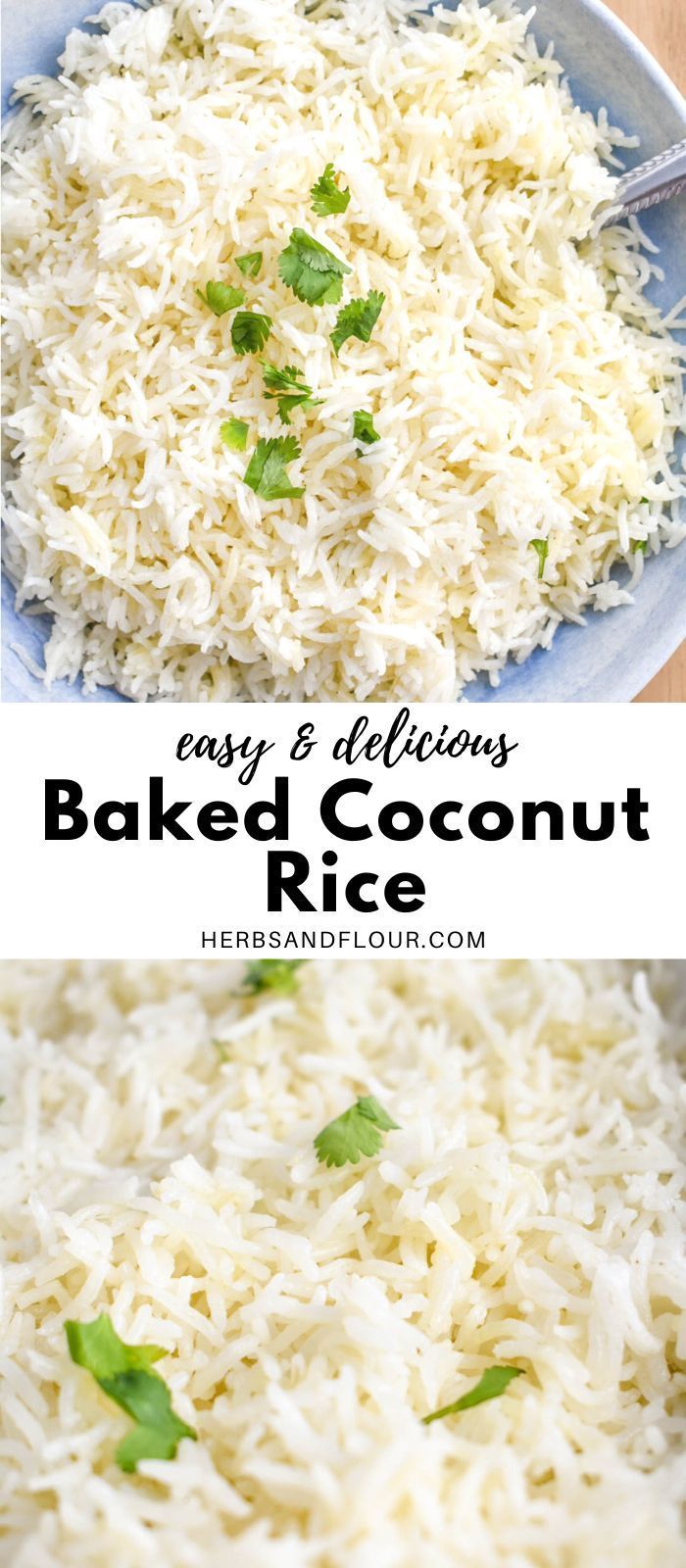 an image of baked coconut rice in a bowl with the words easy and delicious on it