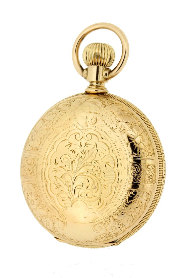 This vintage pocket watch was made back in 1902.It's a solid 14 karat yellow gold case with a majestic stag engraved on the back of the watch and a blank shield on the front that can be engraved. This wonderful timepiece was made by Hamilton watch company, is a 17 jeweled movement that is lever set that is marked 9197 and 225577.The dial of the watch has Roman numerals and the timepiece features a movable bow. The case of the watch is lso detailed with bold floral patterns and ferns.The case of Engraved Antique Gold Pocket Watch For Formal Occasions, Engraved Yellow Gold Pocket Watch Collectible, Heirloom Engraved Yellow Gold Pocket Watch, Heirloom Yellow Gold Medallion Pocket Watch, Heirloom Gold Engraved Watch, Gold Pocket Watch, Stag Deer, Hamilton Watch, Vintage Pocket Watch