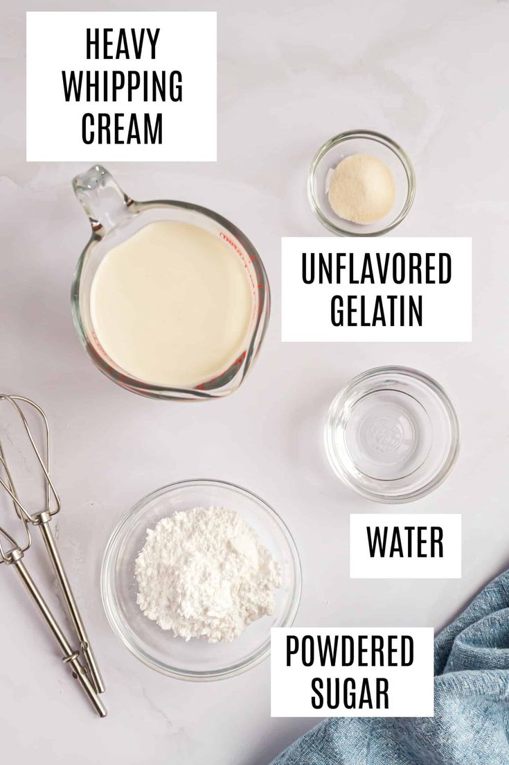 ingredients to make homemade whipped cream in glass bowls on a white surface with text overlay