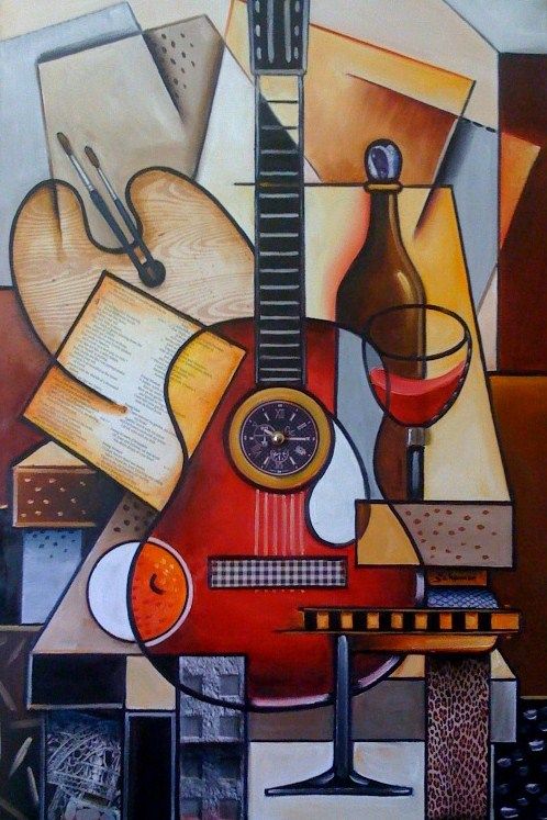 a painting of a red guitar with music instruments and wine glasses on it's side