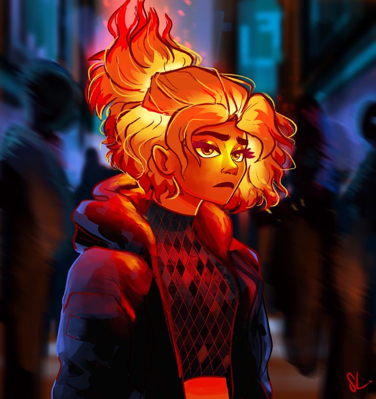 a drawing of a woman with blonde hair and an orange fireball in her hair