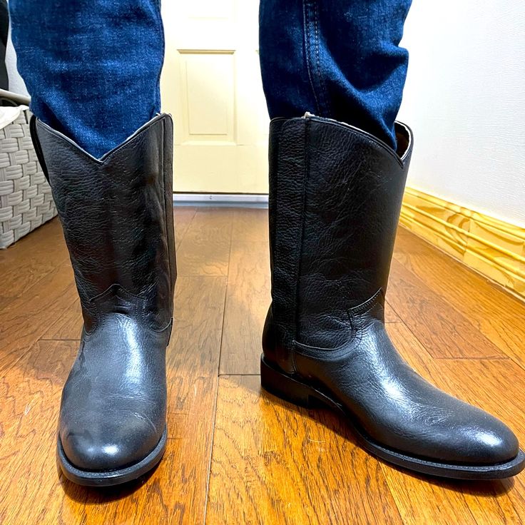 Purchased In Mexico. Has Zipper And Velcro Closure. Black Leather Cowboy Boots For Men. Unsure Of Exact Sizing, Not Listed On Boots But Suspect To Be About Size 10 In Men. Basically Brand New, Never Worn Outside The House. Fitted Black Rugged Boots, Casual Black Moto Boots With Snip Toe, Cowboy Boots For Men, Black Leather Cowboy Boots, Black Cowboy Boots, Black Cowboy, Mens Cowboy Boots, Boots For Men, Leather Cowboy Boots