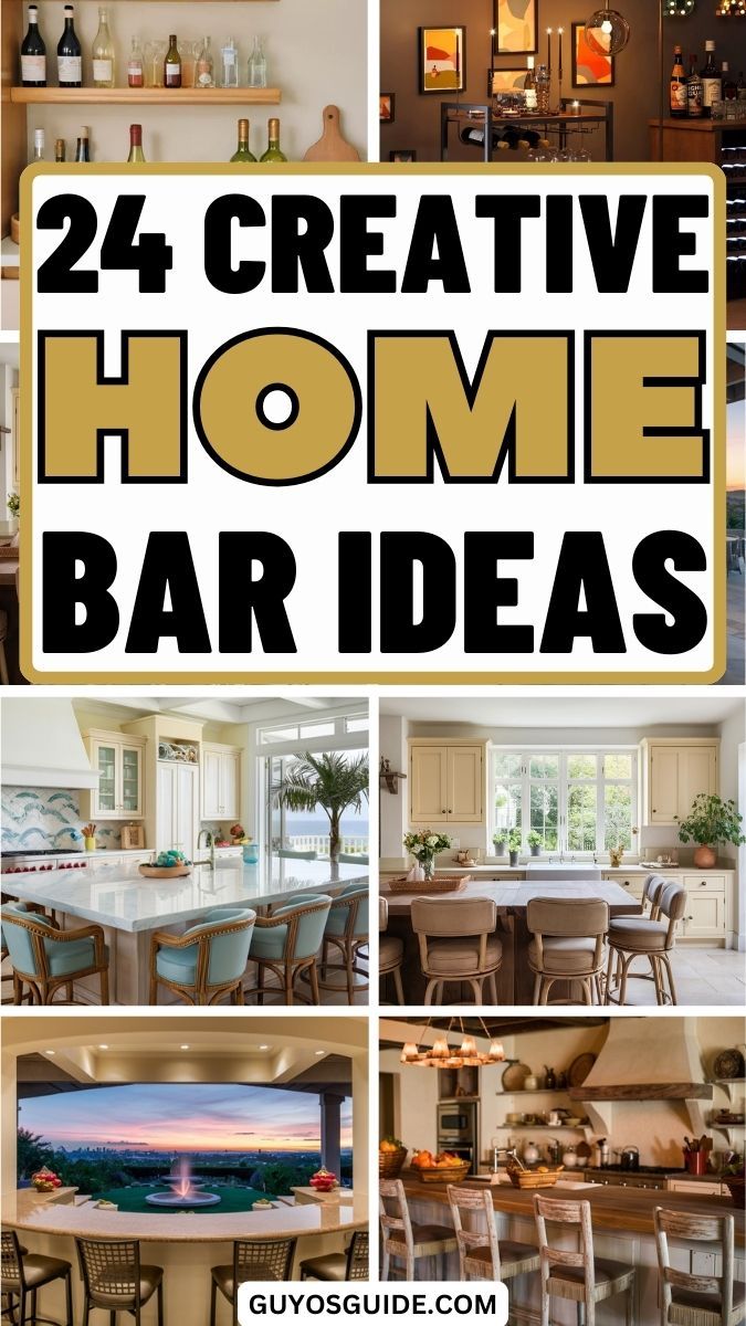 24 Creative Home Bar Ideas Kitchen Wall Bar Ideas, Front Of Bar Ideas, Small Bar Seating Ideas, Countertop Bar Setup, Bar Rooms In House Ideas, Coastal Bar Design, Diy Bar Decor Ideas, Liquor Bar Ideas, In Home Bar Ideas