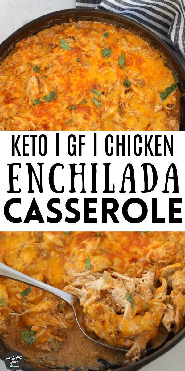 chicken enchilada casserole in a skillet with a spoon