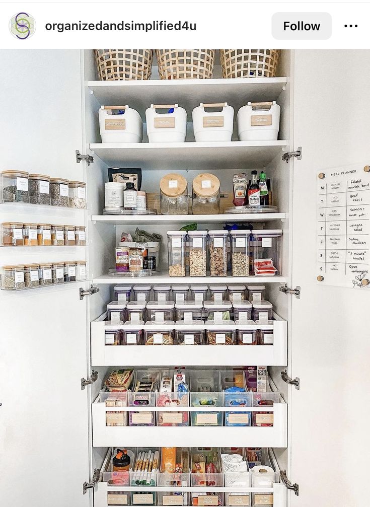 an organized pantry with lots of food and containers on the bottom shelf is shown in this instagram