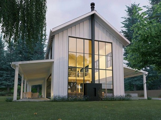 a rendering of a modern house in the middle of a grassy area with trees and grass