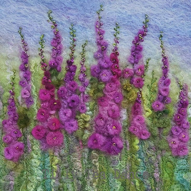 a painting of purple flowers in the grass with blue sky and clouds behind it,