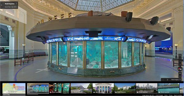 a fish tank in the middle of a building with many windows and lights on it