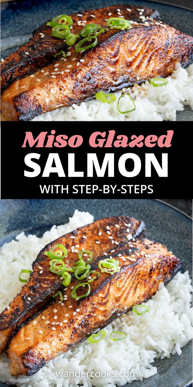 two pictures of salmon on top of white rice