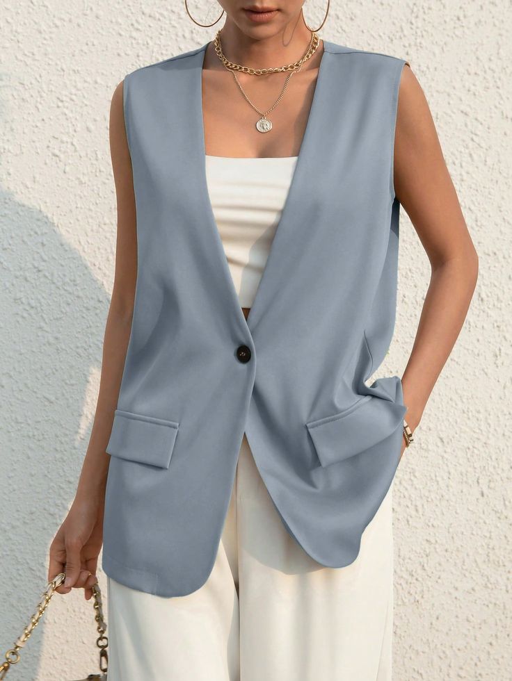 Dusty Blue Casual Collar Sleeveless Fabric Plain vest Embellished Non-Stretch  Women Clothing Sleeveless Blazer Outfit Summer, White Vest Outfits For Women, Long Vest Outfits For Women, Blue Vest Outfit, Gilet Outfit Women, Sleeveless Blazer Outfit, Long Vest Outfit, White Vest Outfit, Gilet Outfit