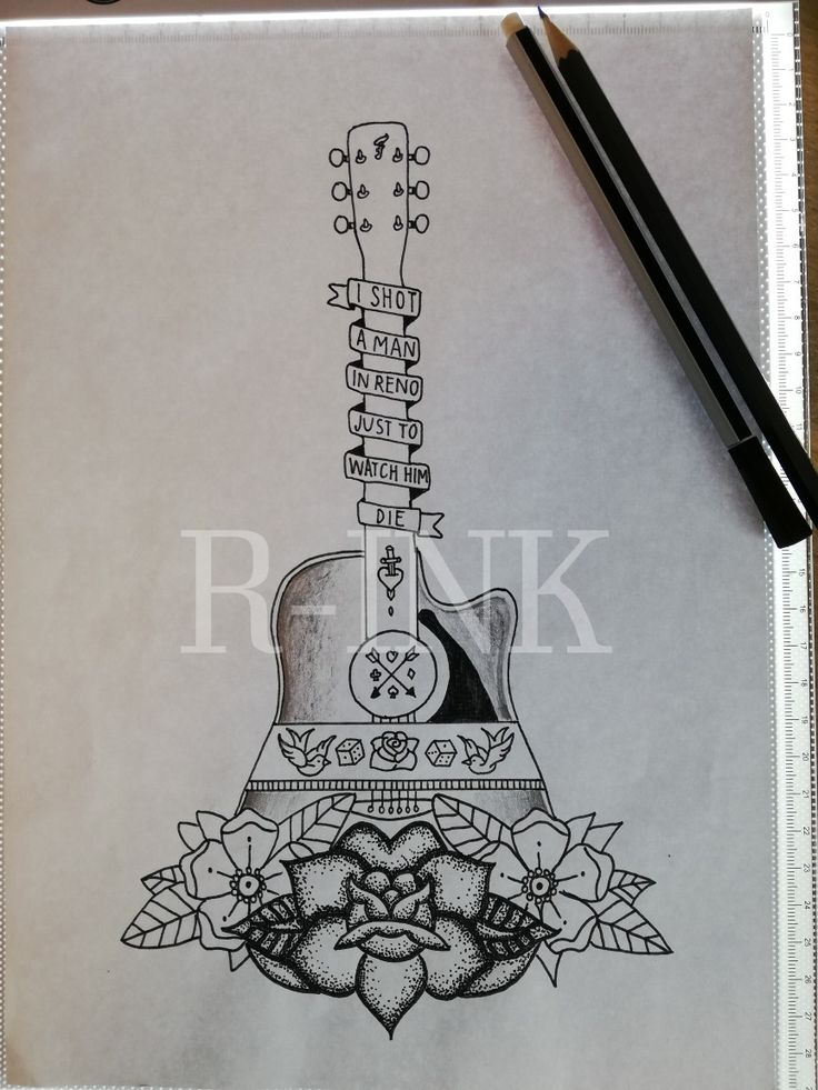 a pen and ink drawing of a guitar with flowers on the bottom, in front of a sheet of paper