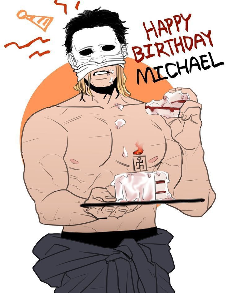 a drawing of a shirtless man holding a plate with a birthday cake on it