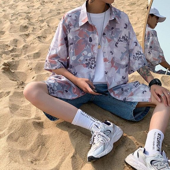 Korean Fashion Flower Shirt Oversized White Floral Print Shirt, Oversized Floral Print Shirt For Summer, Oversized Printed Summer Shirt, Summer Oversized Printed Shirt, Casual Pink Floral Print Shirt, Oversized Pink Summer Shirt, Oversized Floral Print Summer Tops, Oversized Floral Print Tops For Summer, Trendy Oversized Summer Shirt