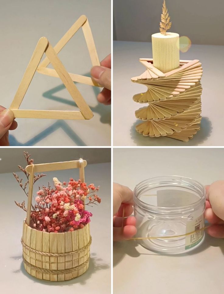 four pictures showing different stages of making a vase out of wood sticks and other things