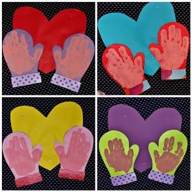 four different pictures of gloves made out of paper and colored construction material, each with handprints on them