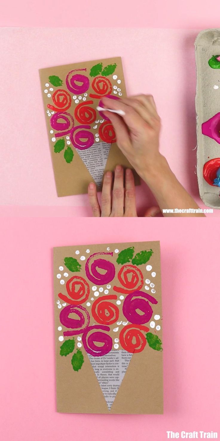 two pictures showing how to make an art project with paper flowers and letters on cardboard