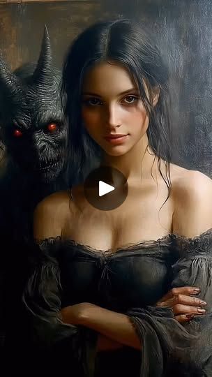 a painting of a woman and a demon with her arms crossed in front of her face