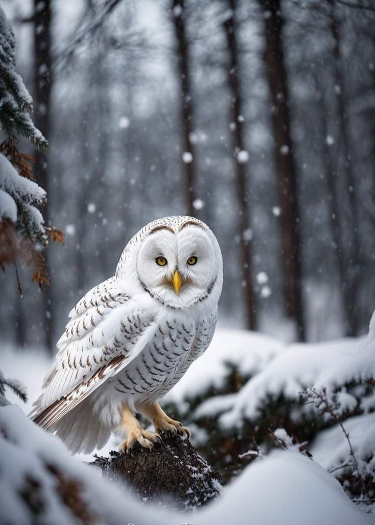 an owl sitting on top of a tree branch in the snow