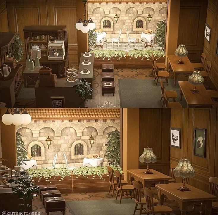 an overhead view of a restaurant with tables, chairs and lamps on the walls is shown in three different views