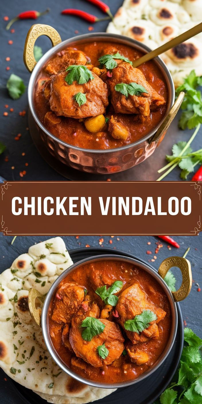 chicken vindaloo in a bowl with pita bread and cilantro on the side