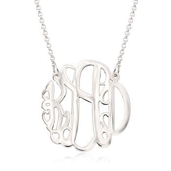 Ross-Simons - Sterling Silver Large Monogram Necklace. 18". An on-trend gift that's always well received. Our sterling silver large monogram pendant is an impressive way to display those three very special initials in elegant round script. Specify three initials and which to center. Pendant cannot be removed from the sterling silver rolo chain. Proudly handcrafted in the USA - custom-crafted in our Rhode Island studios! Lobster clasp, sterling silver monogram necklace. Personalized Adjustable Sterling Silver Initial Necklace, Silver Initial Pendant Necklace For Mom, Personalized Sterling Silver Initial Necklace, Sterling Silver Initials Necklace For Mom, Silver Initial Necklace For Mom, Initials Sterling Silver Necklace Gift For Mom, Silver Initial Necklace Gift For Mom, Adjustable Sterling Silver Initials Name Necklace, Adjustable Sterling Silver Initial Pendant Necklace