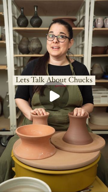 a woman sitting in front of two clay pots with the words let's talk about chucks