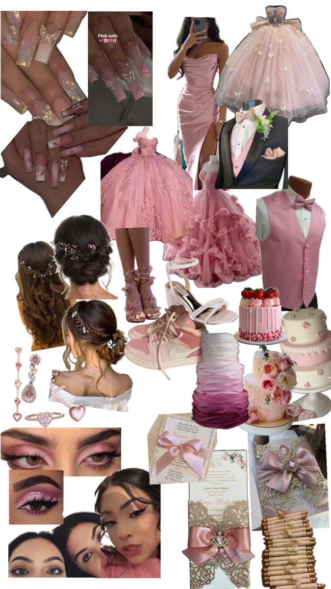 a collage of pink and white wedding outfits