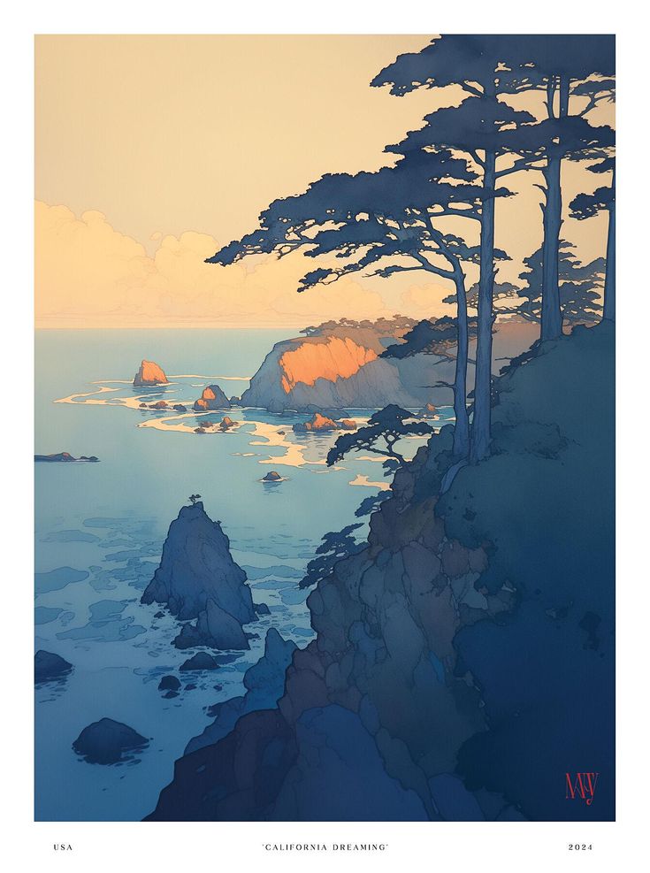 a painting of the ocean and trees at sunset