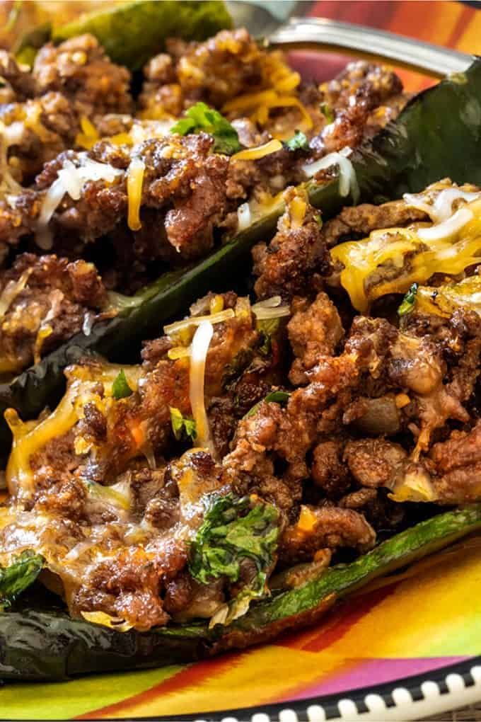 stuffed poblano peppers on a colorful plate