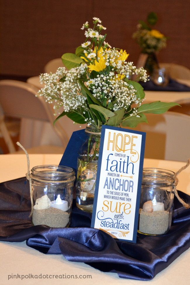 a table topped with three jars filled with flowers and candles next to a sign that says hope, faith