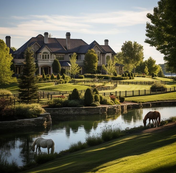 two horses graze in the grass near a pond and large house with many windows