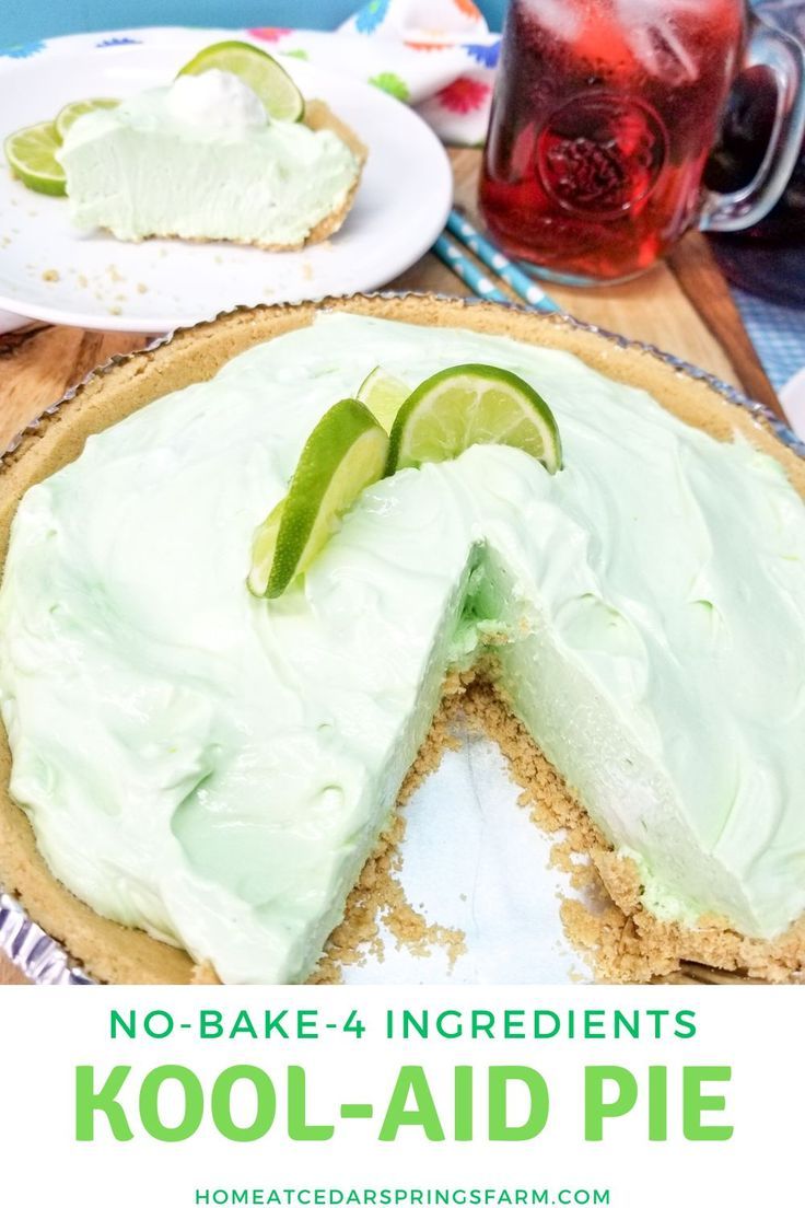 a no - bake key lime pie on a wooden table with a slice missing