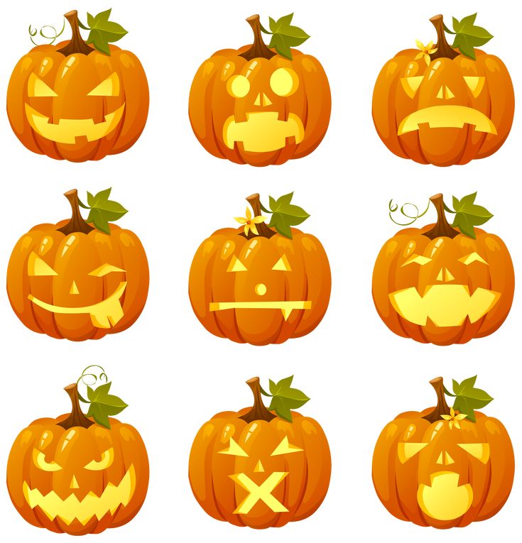 a set of pumpkins with different faces and expressions, all carved into the same shape