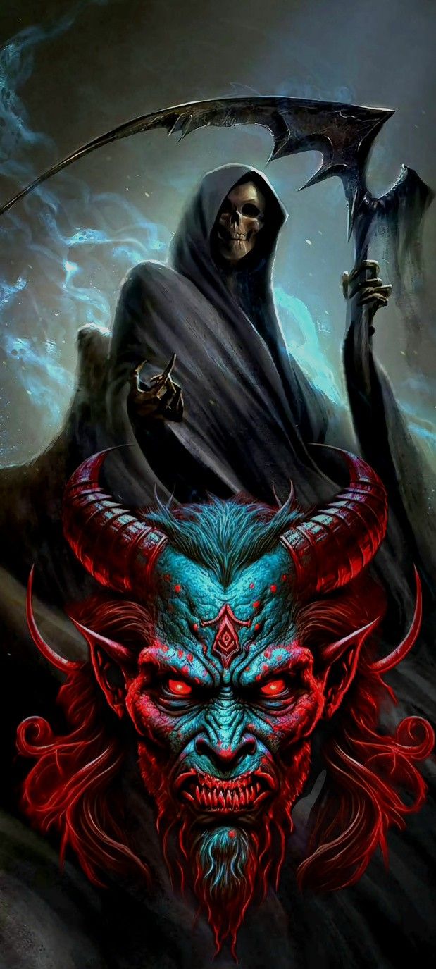 a demonic demon holding a sceptacle on top of his head in front of an evil demon