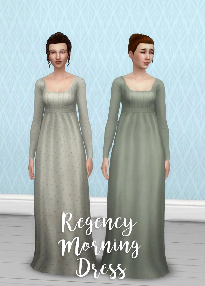 two women in dresses standing next to each other with the words regncy morning dress on them