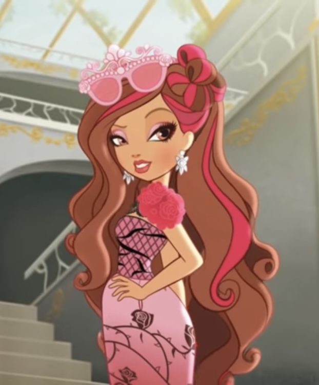 a cartoon girl in a pink dress with long hair