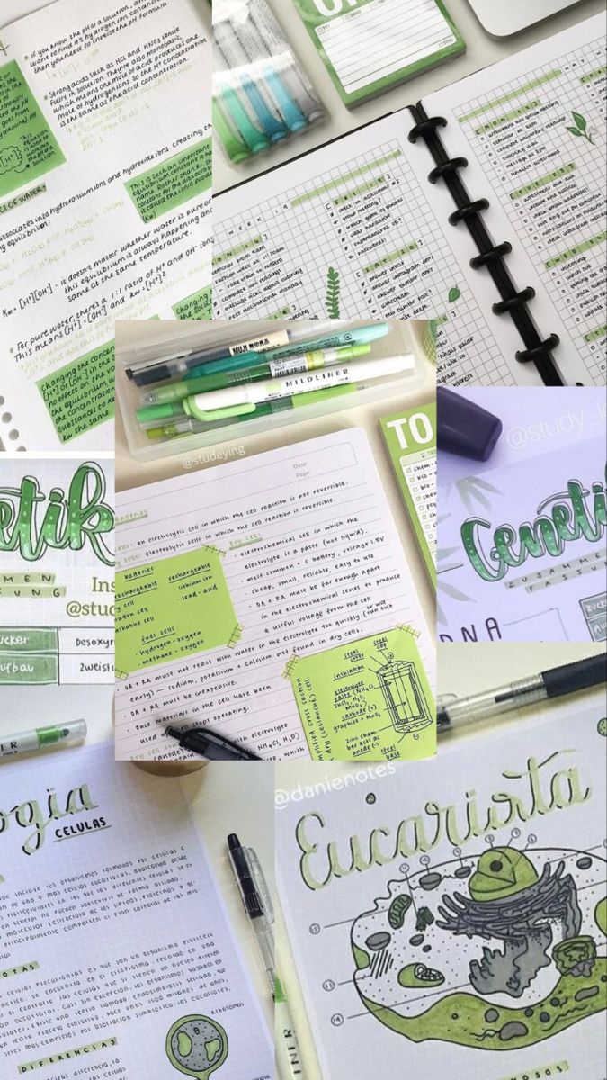 several papers and pens are spread out on the table with green writing, including pen and paper