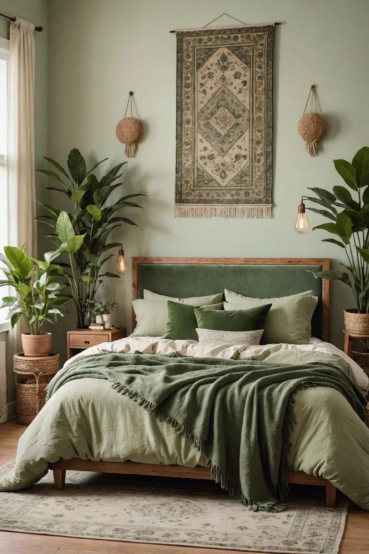 a bed with green sheets and pillows in a bedroom next to two potted plants