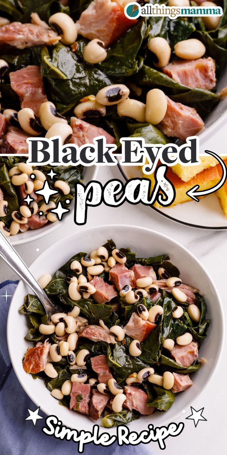 Black-Eyed Peas social collage graphic Southern Peas Recipe, Southern Style Black Eyed Peas, Black Eyed Peas Collard Greens, Blackeyed Pea Recipes, Southern Black Eyed Peas, Blackeyed Peas, Black Eyed Peas Recipe, Southern Greens, Peas Recipe