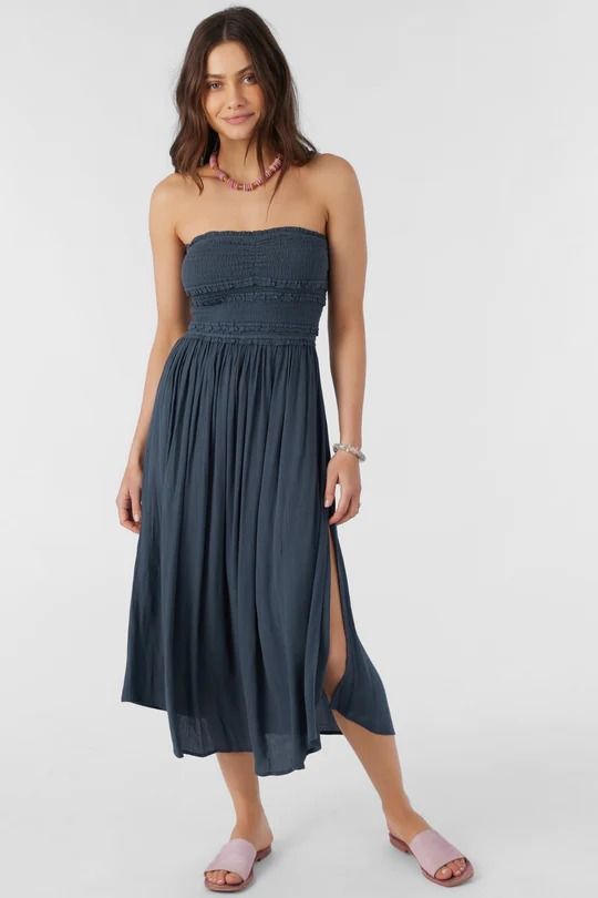 Devyn Midi Midi Dress - Slate | O'Neill Sundress With Smocked Bodice And Bandeau Shape, Bandeau Sundress With Smocked Bodice, Strapless Midi Dress With Smocked Back For Summer, Strapless Dress With Smocked Bodice For Vacation, Strapless Sundress With Ruched Bodice, Casual Strapless Dress With Ruched Bodice, Casual Bandeau Dress With Smocked Bodice, Strapless Midi Dress With Smocked Bodice, Vacation Strapless Dress With Smocked Bodice