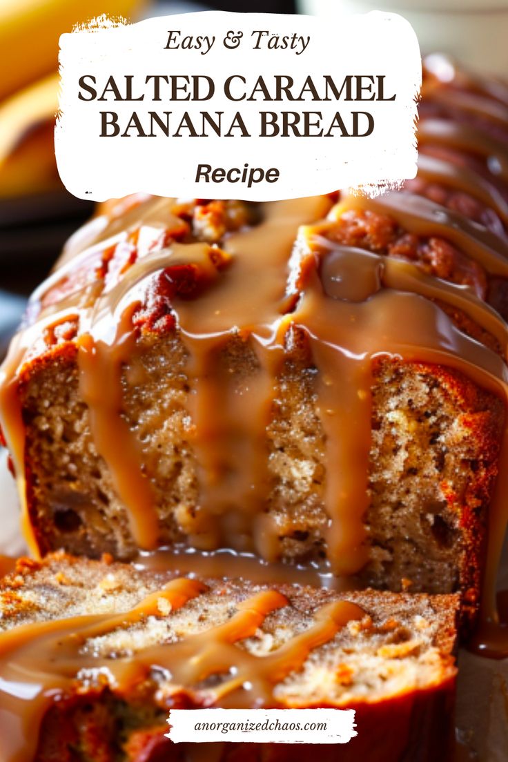 a loaf of glazed caramel banana bread