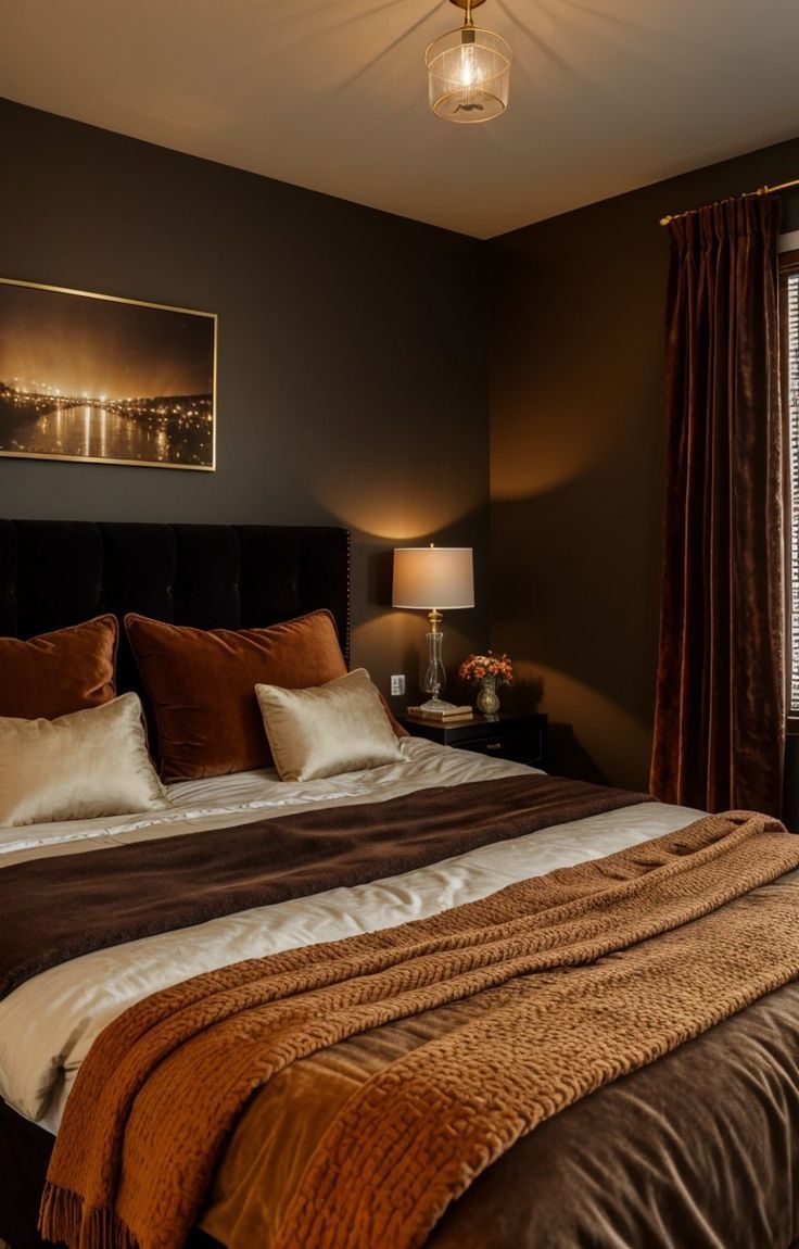 a bedroom with a bed, lamps and pictures on the wall