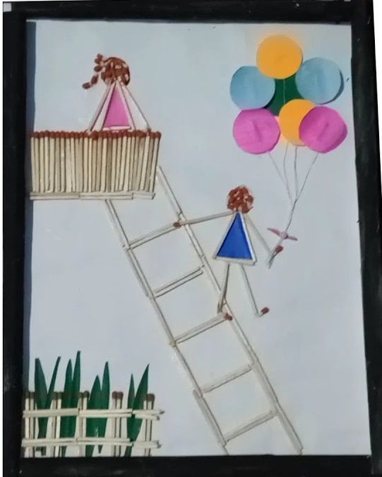 a drawing of a person on a ladder holding balloons