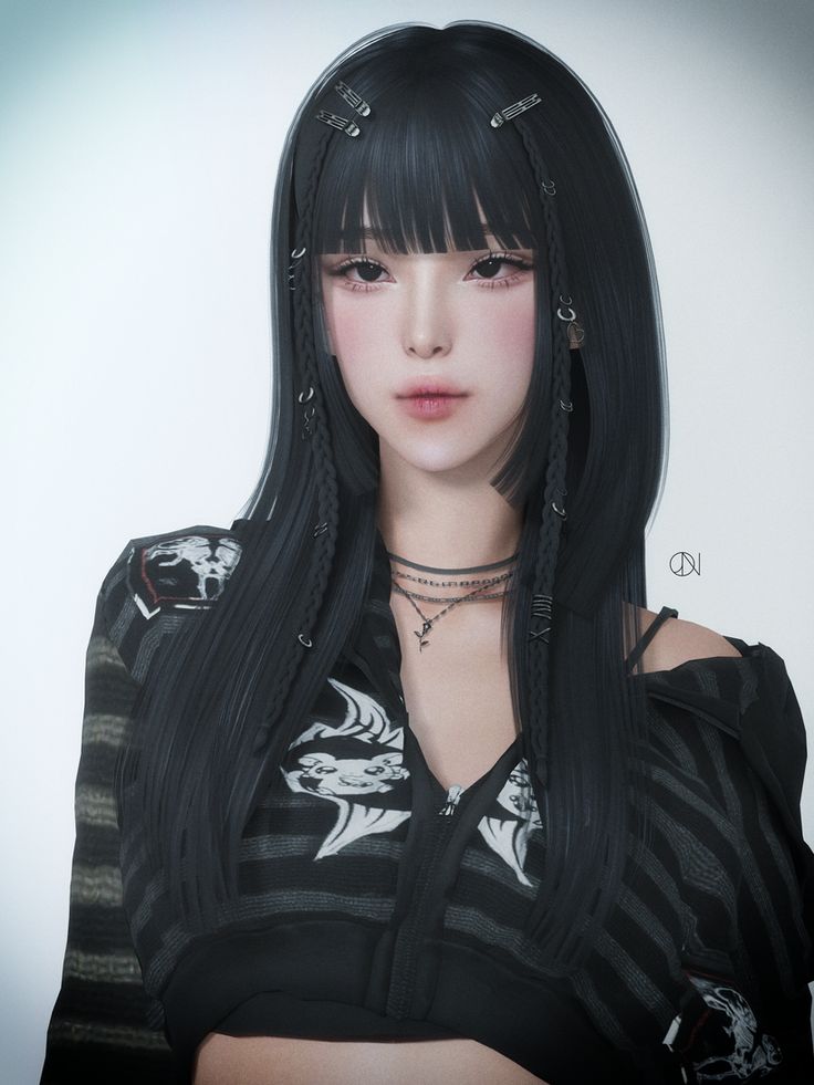 a woman with long black hair and piercings